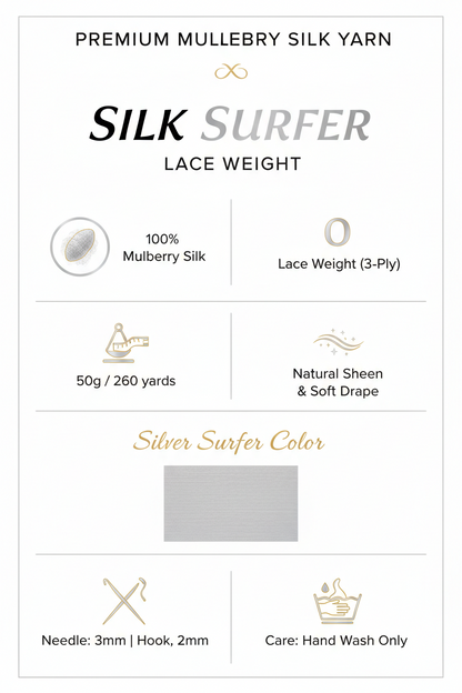 Knitsilk 3 Ply 100% Mulberry Silk Lace Weight Yarn | Perfect for Knitting, Crocheting & Weaving | Premium Quality Silk Yarn for Luxurious Projects (50g – 260 Yards, Silver Surfer)
