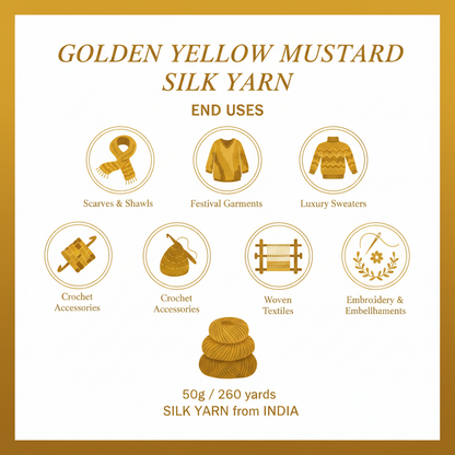 Knitsilk 3 Ply 100% Mulberry Silk Lace Weight Yarn | Perfect for Knitting, Crocheting & Weaving | Premium Quality Silk Yarn for Luxurious Projects (50g – 260 Yards, Golden mustard)