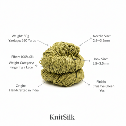 Knitsilk 3 Ply 100% Mulberry Silk Lace Weight Yarn | Perfect for Knitting, Crocheting & Weaving | Premium Quality Silk Yarn for Luxurious Projects (50g – 260 Yards, Olive Green)