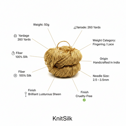 Knitsilk 3 Ply 100% Mulberry Silk Lace Weight Yarn | Perfect for Knitting, Crocheting & Weaving | Premium Quality Silk Yarn for Luxurious Projects (50g – 260 Yards, Golden Mustard)