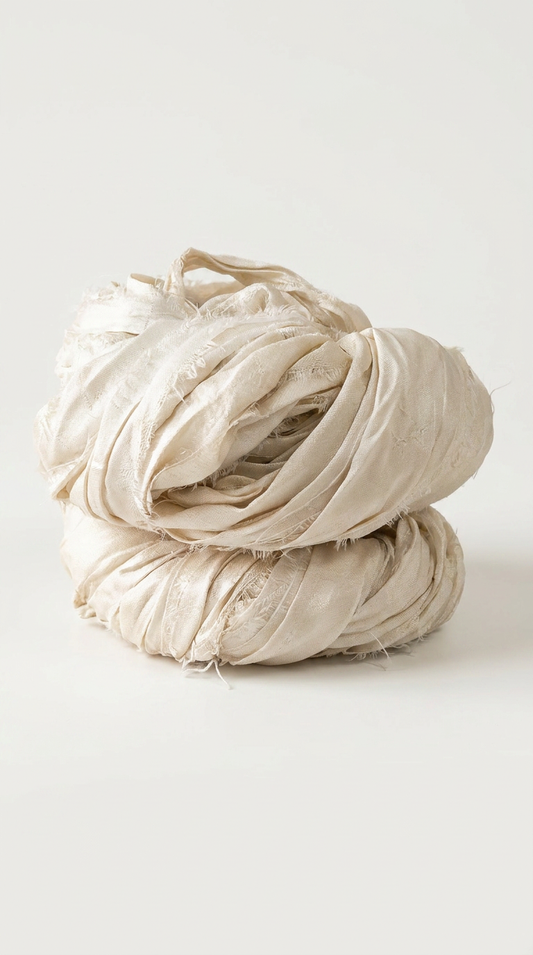 Knitsilk Recycled Undyed Sari Silk Ribbon Yarn – Super Bulky | Ivory | Crochet, Knitting, Embroidery & Jewelry Making | 100g / 30 Yards