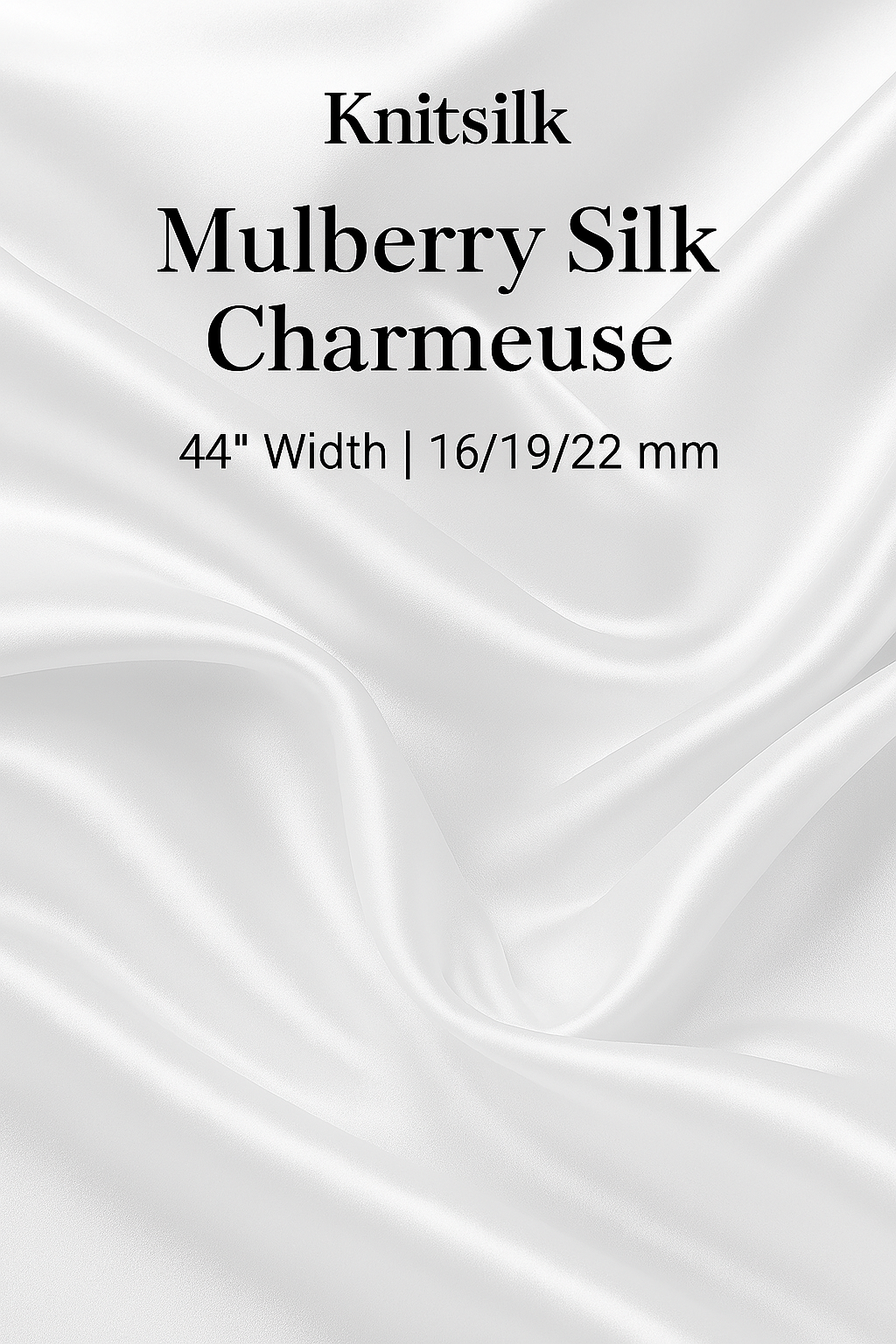 Knitsilk Mulberry Silk Charmeuse fabric with product details on a white background