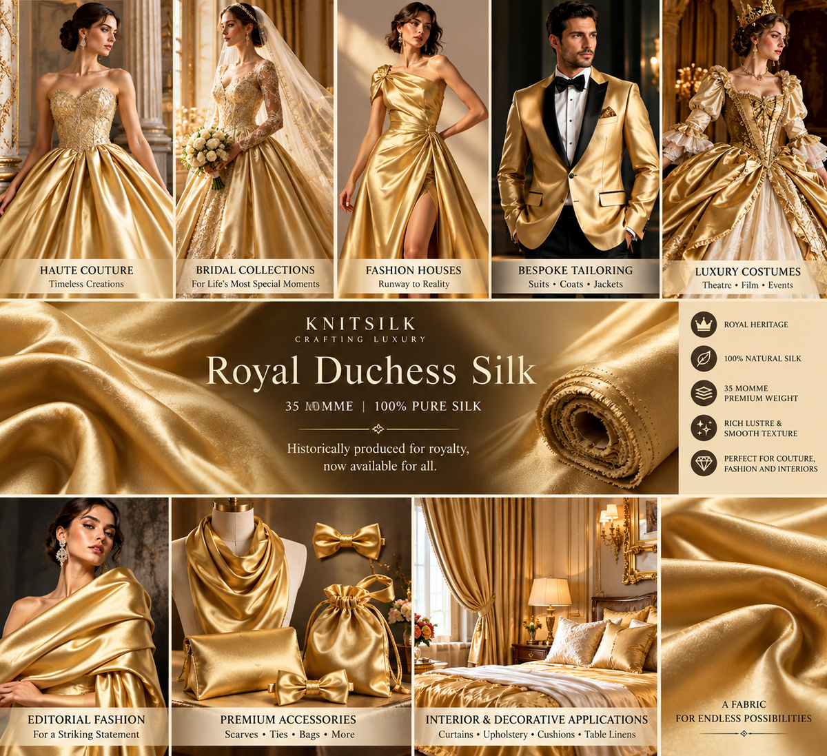 A promotional collage for Knitsilk Royal Duchess Silk, showing multiple fashion and interior styling examples in rich gold satin fabric, plus fabric closeups and product text. The image includes real people and styled environments, so despite the product emphasis, the presence of people makes the best fit Lifestyle rather than Product/Packaging.
