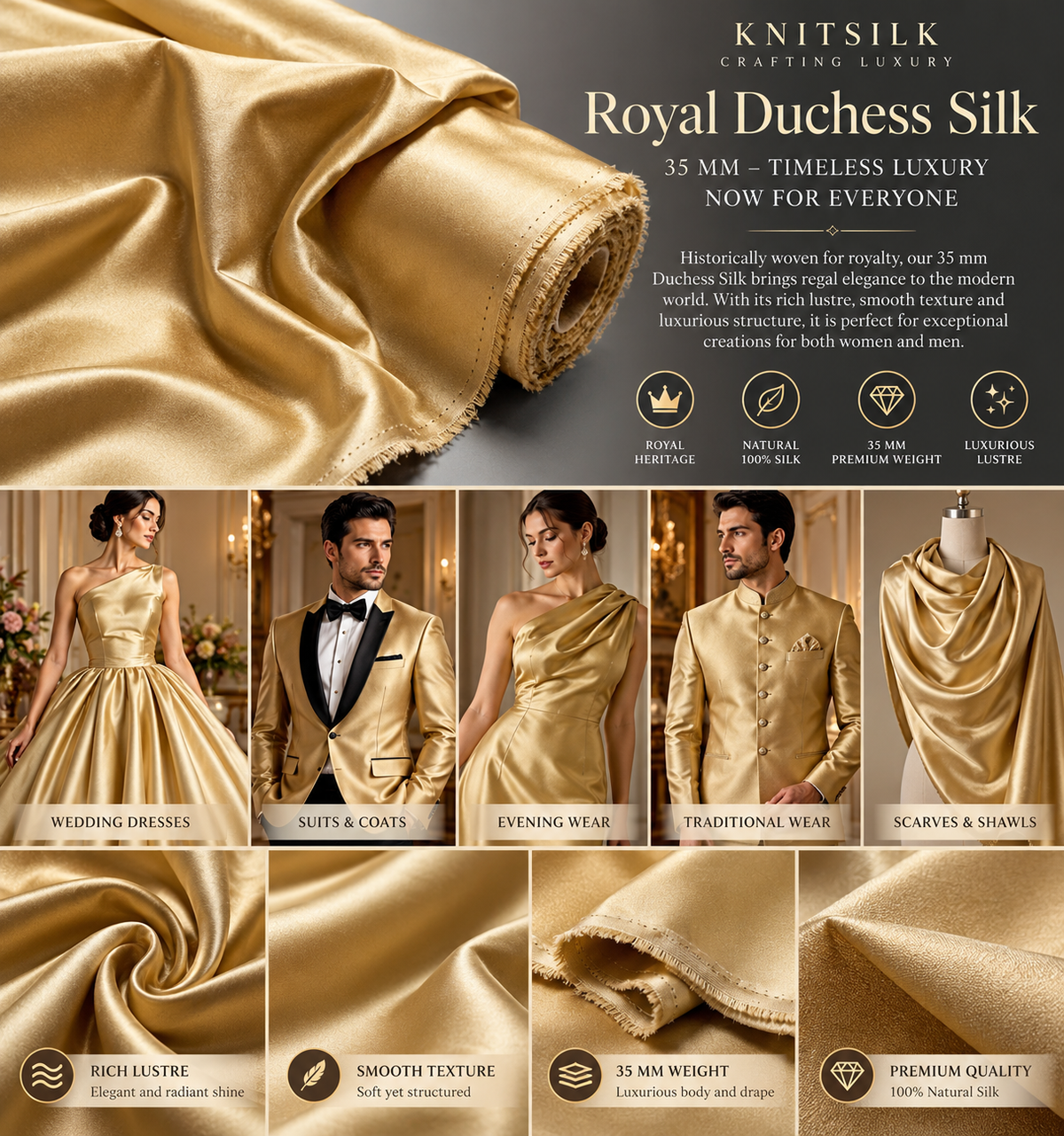 A promotional collage for Knitsilk Royal Duchess Silk fabric, showing draped gold satin fabric, close-up texture samples, and multiple fashion models wearing the silk in wedding dresses, suits, evening wear, scarves, and shawls. Text highlights 35 mm thickness, timeless luxury, and key fabric benefits.