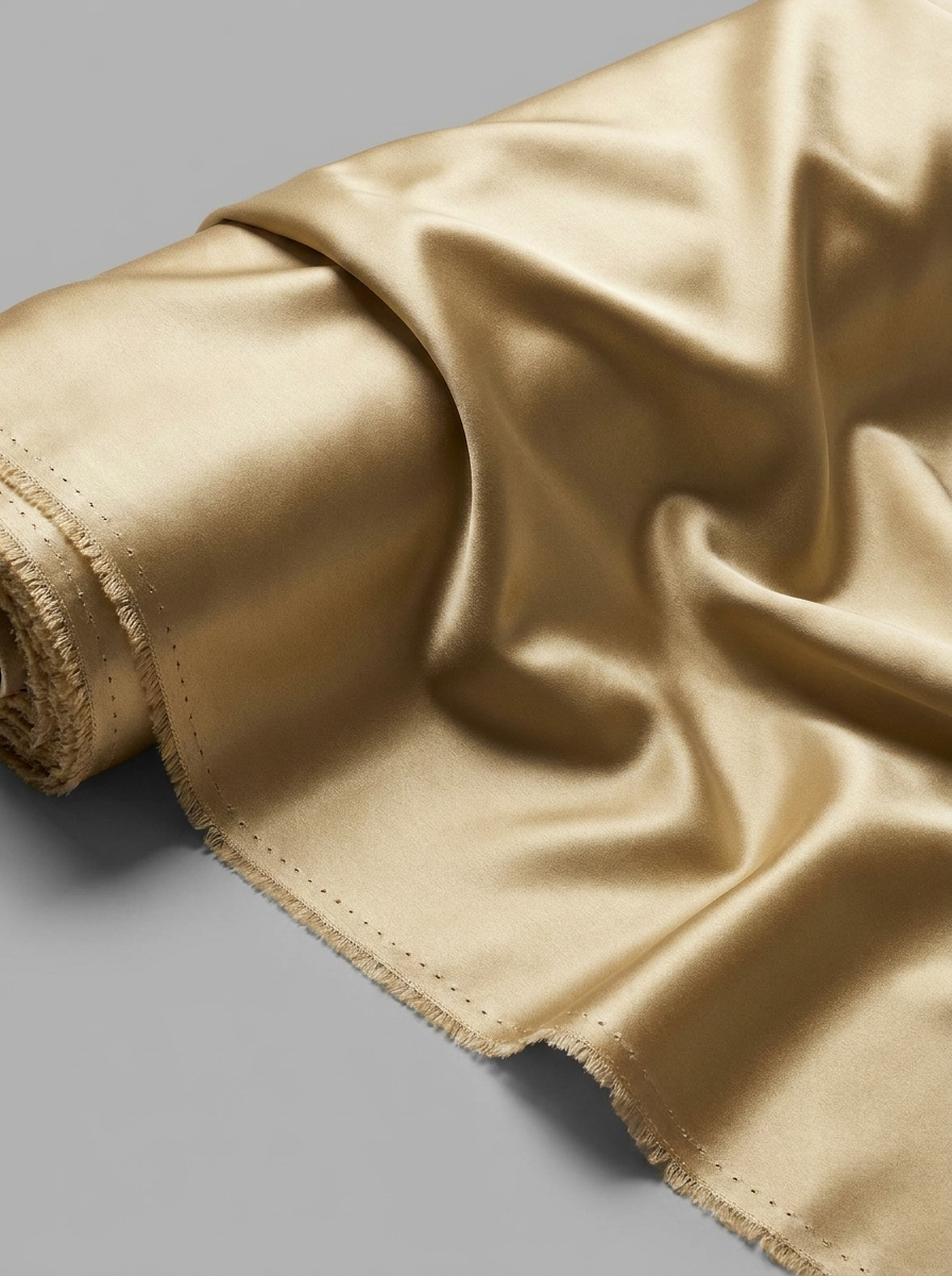 A close-up of a rolled piece of shiny satin fabric in a warm champagne-gold color, draped elegantly against a neutral gray background.