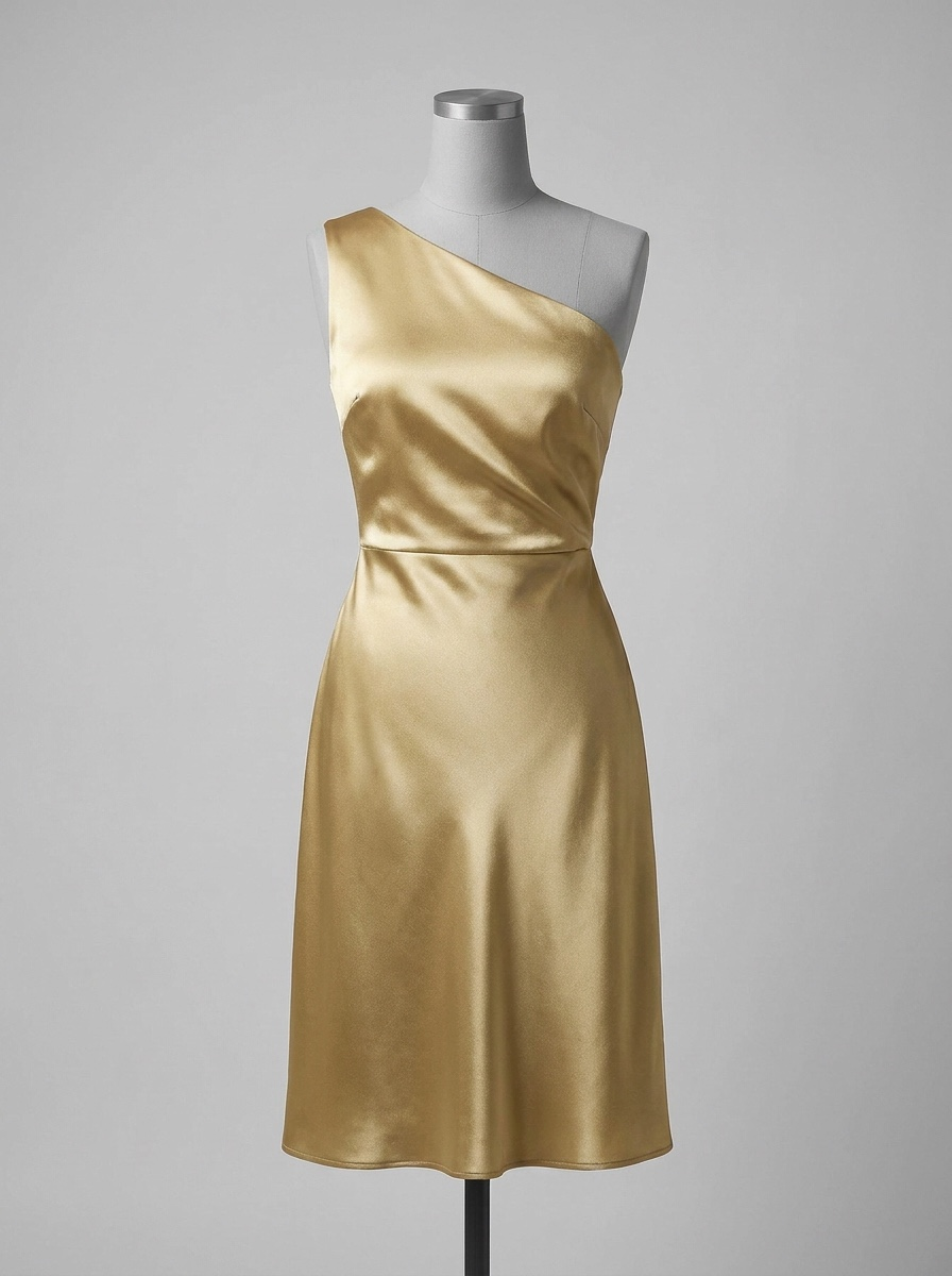 A one-shoulder satin dress in a warm champagne-gold color, displayed on a gray mannequin against a neutral light gray background.