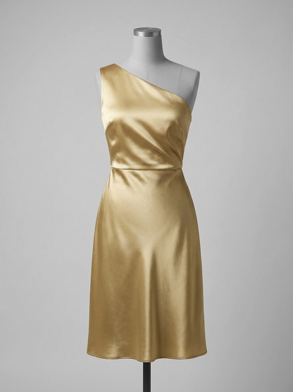A one-shoulder satin dress in a warm champagne-gold color, displayed on a gray mannequin against a neutral light gray background.