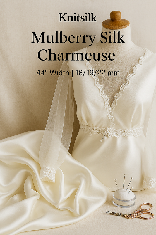 Knitsilk 100% Mulberry Silk Charmeuse Fabric – 22mm  44" Width – Pure Luxury Satin Weave - Off White- 1 Mtr