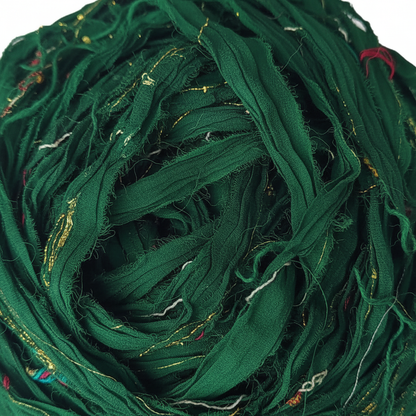 Close-up – Forest Green Sari Silk Ribbon Texture