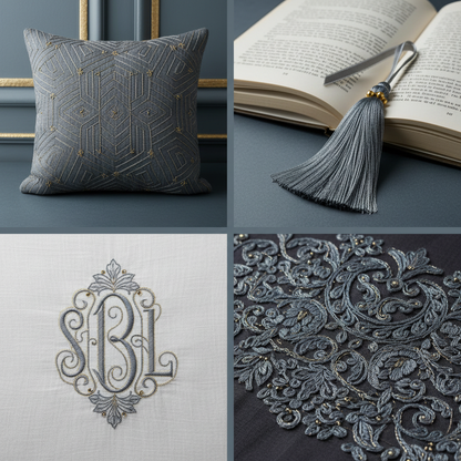 Collage – Steel Blue Grey Silk Thread End Products