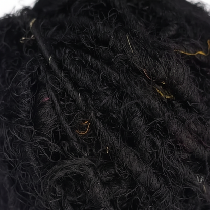 Close-up macro texture of black recycled sari silk yarn fibers