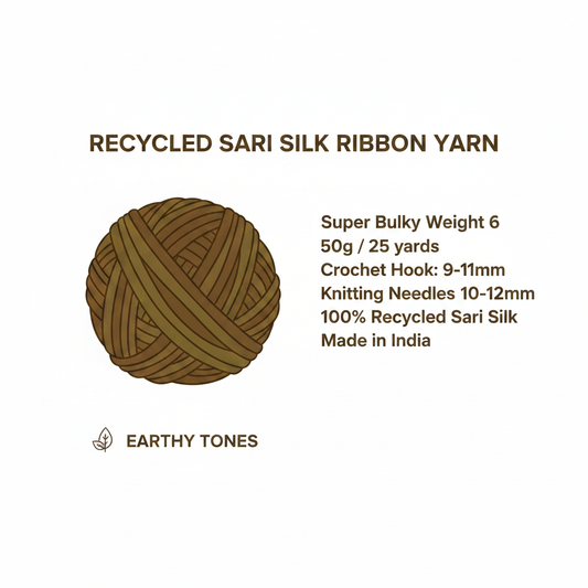 Infographic showing KNITSILK brown olive ribbon yarn specs: Super Bulky Weight 6, 50g/25 yards, crochet hook 9-11mm, knitting needles 10-12mm, Made in India