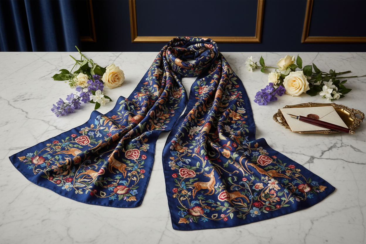 Luxury silk and wool embroidered floral scarf draped on marble surface with garden flowers — Knitsilk Europe