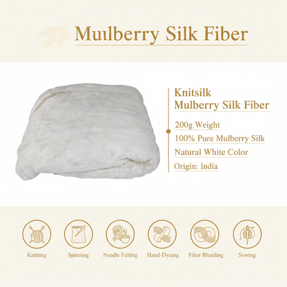 Knitsilk Mulberry Silk Fiber Yarn 200g infographic with product features and uses