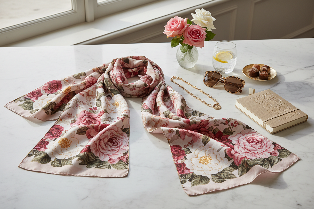 Luxury digital printed silk scarf with rose and camellia florals draped on marble surface — Knitsilk Europe