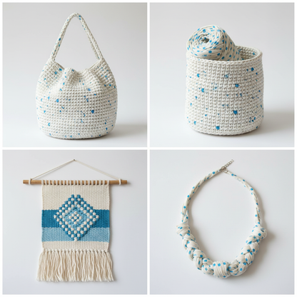 Collage of handmade items made from KNITSILK polka dot sari silk ribbon yarn: crochet bag, knitted basket, wall hanging, and jewelry