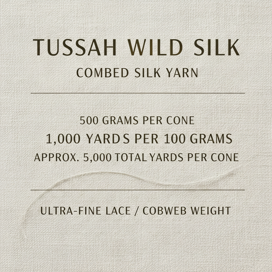 Infographic showing 500 grams per cone, 1000 yards per 100 grams, approximately 5000 total yards per cone, and ultra-fine Lace or Cobweb weight