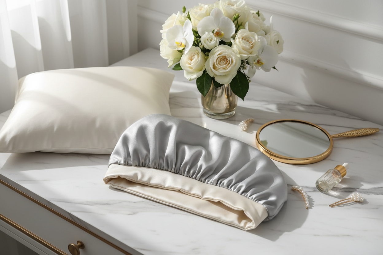 Double layer silk and satin nightcap on marble vanity with silk pillowcase and white flowers — Knitsilk Europe