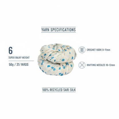 Infographic showing KNITSILK polka dot ribbon yarn specs: Super Bulky Weight 6, 50g/25 yards, crochet hook 9-11mm, knitting needles 10-12mm