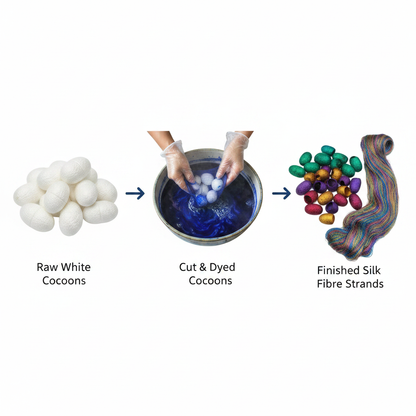 Infographic – Mulberry silk cocoon journey from raw to dyed fibre