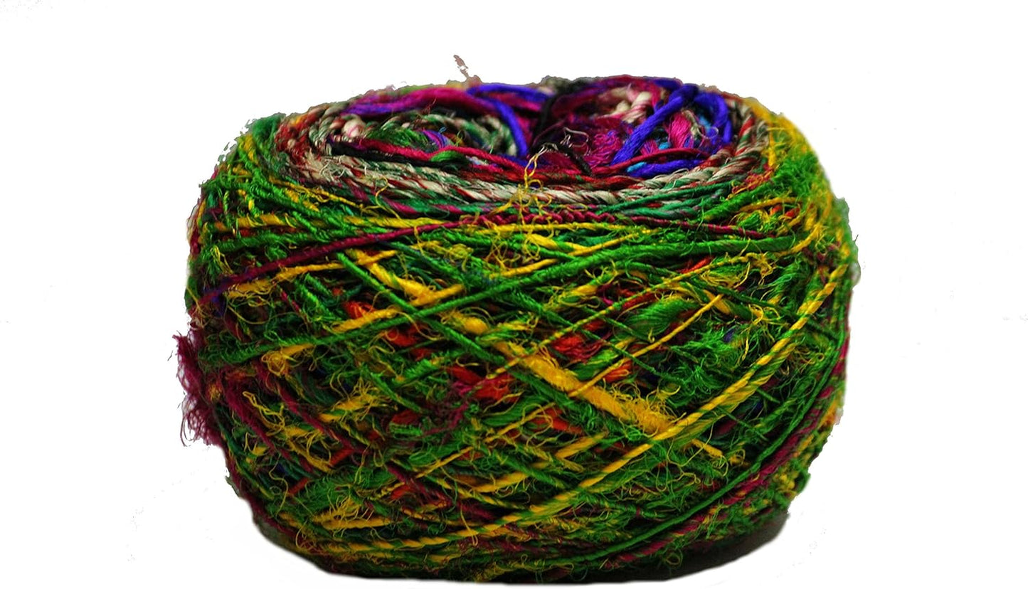 Knitsilk Kohinoor Premium Recycled Sari Silk Yarn - Unique Multicolor 100 Grams | 120+ Yards | Knit, Crochet, Weave, Crafts