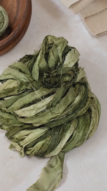 Knitsilk Recycled Sari Silk Ribbon | Olive Ombre | 100g / 30 Yards | Crochet, Knitting & Jewelry Making | Pack of 1